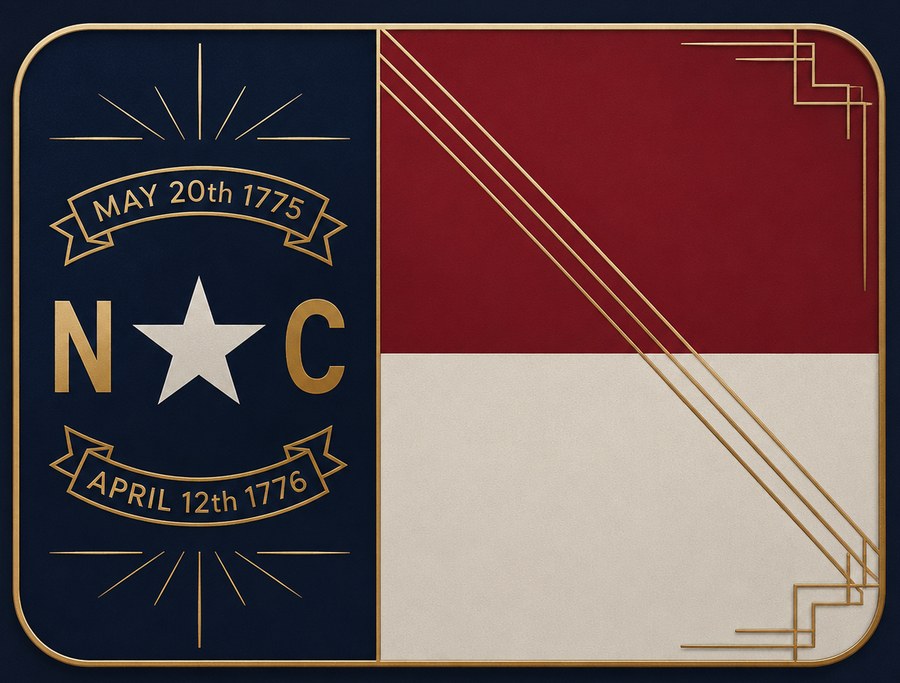 North Carolina flag rendered as a navy and gold art-deco plaque